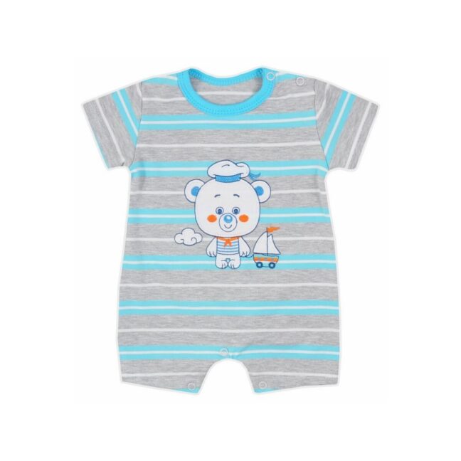Koala Baby mõmmiga romper helesinine-hall – pehme beebikombe karumustriga, sobib ideaalselt suviseks kandmiseks.