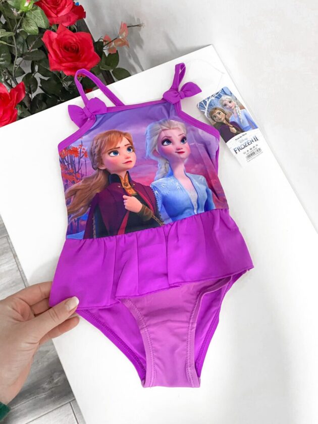 Lilla trikoo Anna ja Elsaga, Disney Frozen tegelaskujude pildiga tüdrukute ujumisriietus.