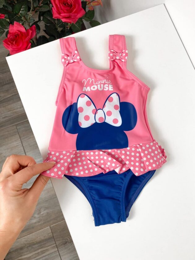 Minnie Mouse roosa lipsuga trikoo tüdrukutele, Disney disainiga värvikas ja veniv ujumisriietus.