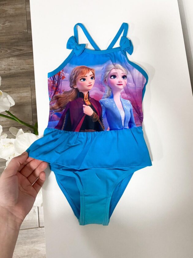 Helesinine trikoo Anna ja Elsaga, Disney Frozen disainiga tüdrukute ujumisriietus veemängudeks ja rannapuhkuseks.