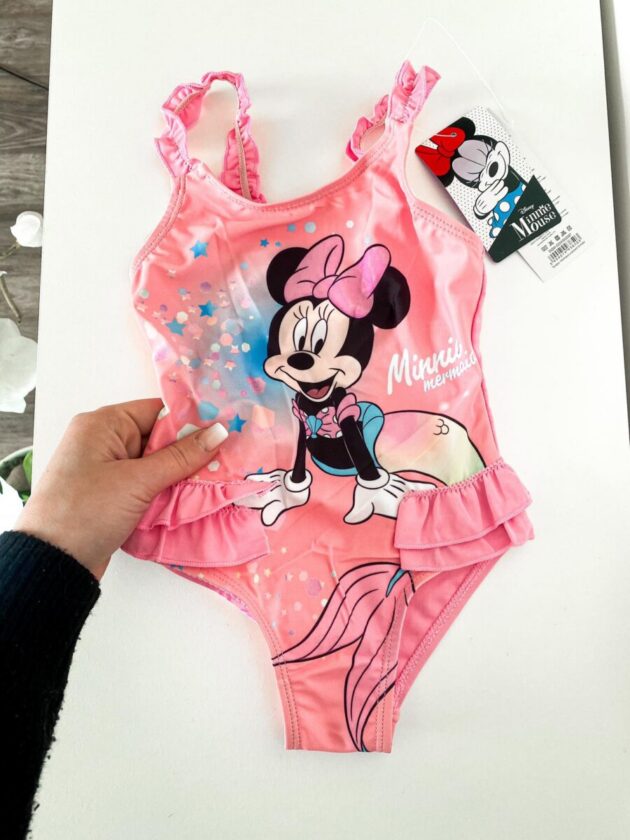Heleroosa trikoo Minniga, Disney Minnie Mouse kujutisega tüdrukute ujumisriietus rannaks ja ujumiseks.