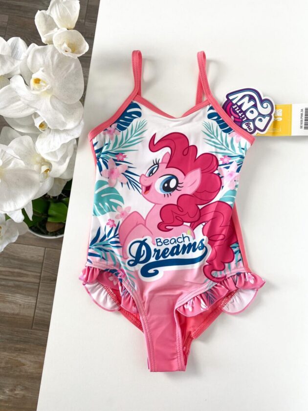 Roosa unicornidega trikoo, värvikas ja pehme laste ujumisriietus aktiivseks veemänguks.