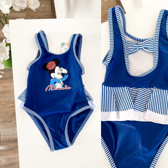 Sinine trikoo Minniga, laste ujumisriietus Disney Minnie Mouse kujundusega, sobib rannaks ja ujulaks.