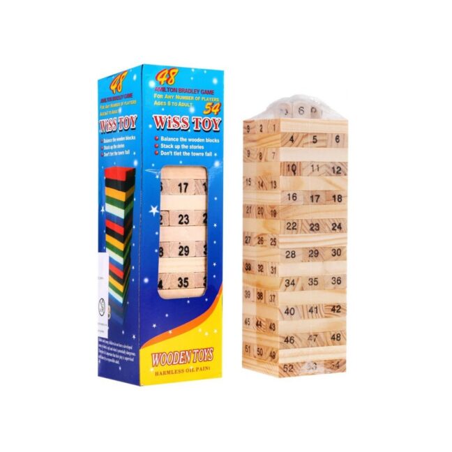 Jenga komplekt, tasakaalu- ja osavusmäng, 54 puuklotsi ja 4 täringut