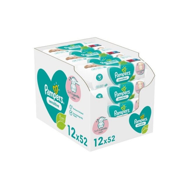 Pampers Sensitive niisked lapid kastiga 12x56tk – parfüümivaba ja nahasõbralik hooldus