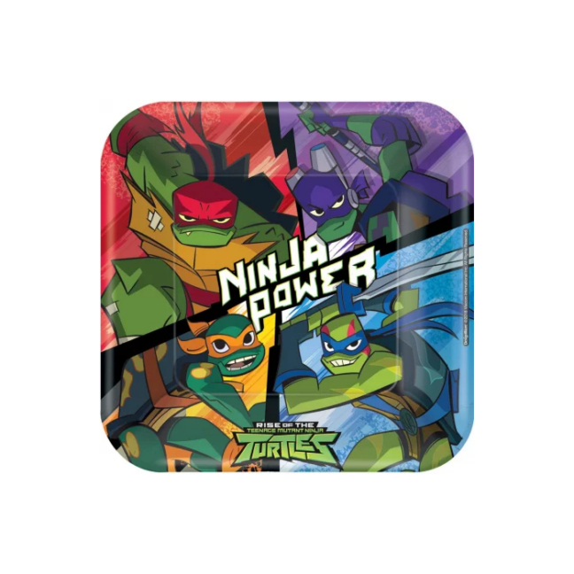 Ninja kilpkonnade teemalised ühekordsed pabertaldrikud, ideaalsed laste sünnipäevadeks ja teemapidudeks.