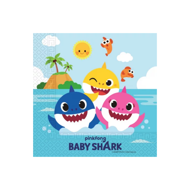 Baby Shark teemalised ühekordsed salvrätikud, ideaalsed laste sünnipäevadeks ja temaatilisteks pidudeks.