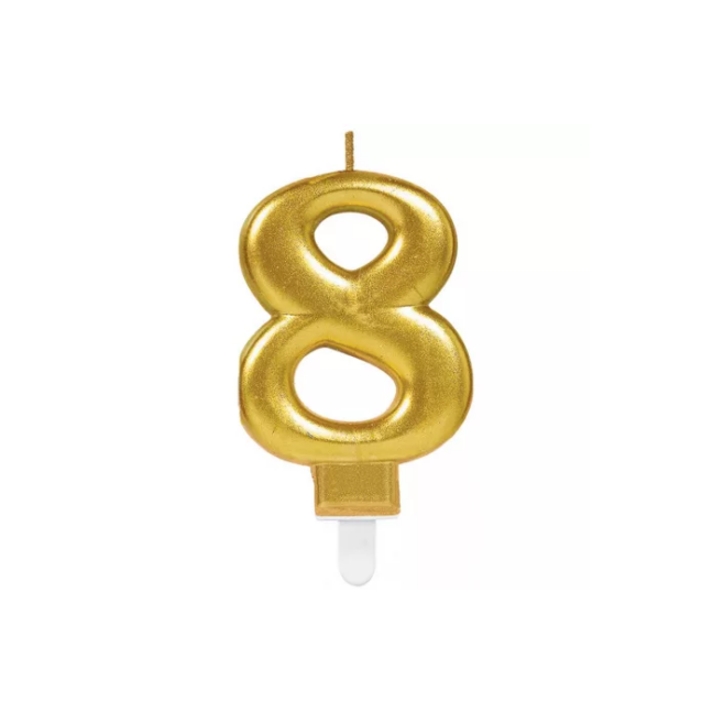 Kuldne number 8 tordi küünal, ideaalne sünnipäevade ja tähtpäevade jaoks.