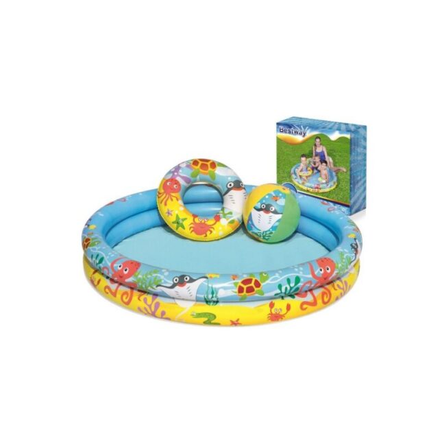 Täispuhutav bassein lastele, ujumisrõngas ja pall, suvemänguasi vees mängimiseks