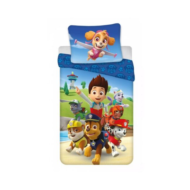 Ryderi ja Paw Patroli tegelastega sinine voodipesukomplekt, padjapüüril Skye