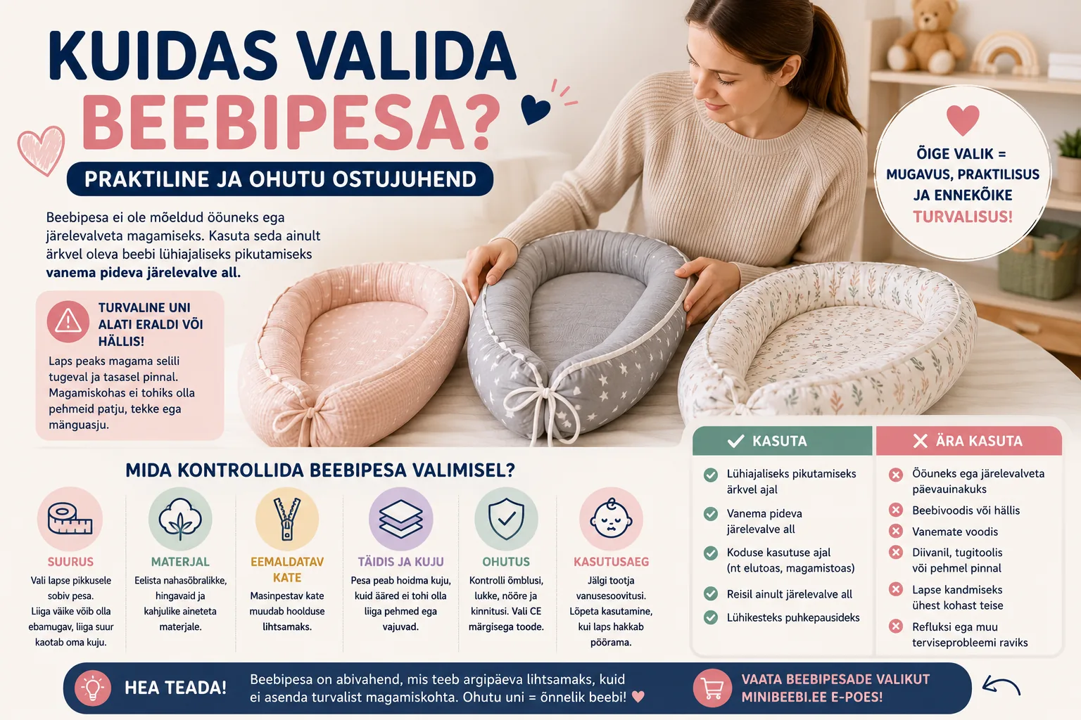 Lapsevanem võrdleb erinevaid beebipesasid materjali, suuruse ja hooldusvõimaluste järgi