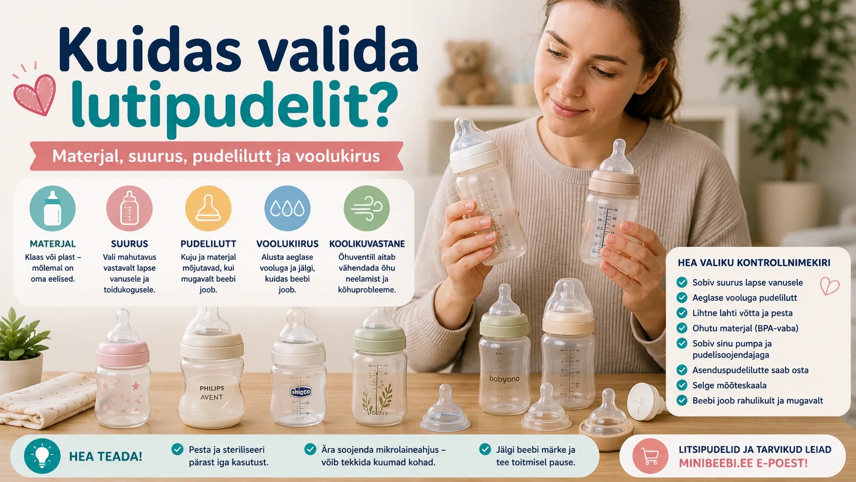 Lapsevanem võrdleb erineva suuruse ja kujuga lutipudeleid ning pudelilutte