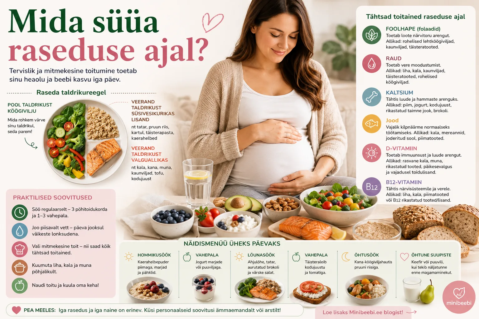 Rase naine koos tervislike köögiviljade, marjade, täisteratoodete, kala ja veeklaasiga