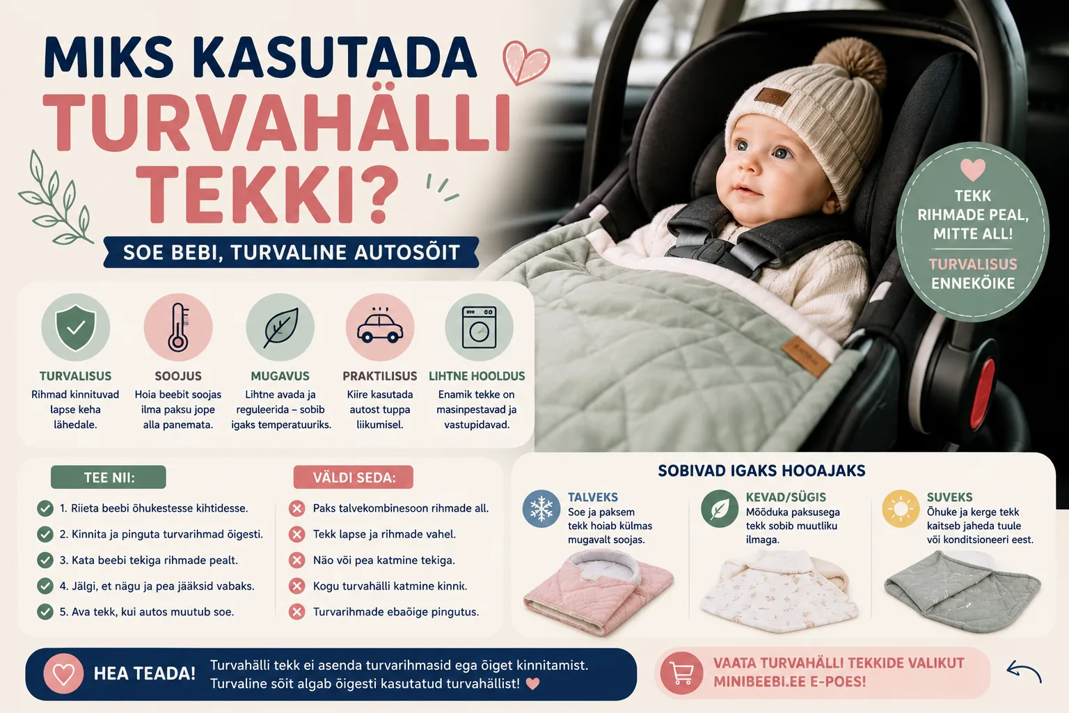 Õhukeste riietega turvahälli kinnitatud beebi on kaetud sooja turvahälli tekiga