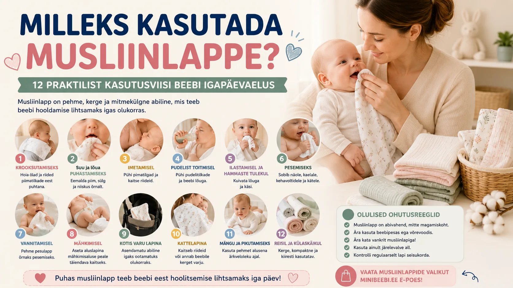 Lapsevanem kasutab pehmet musliinlappi beebi toitmisel ja suu puhastamisel