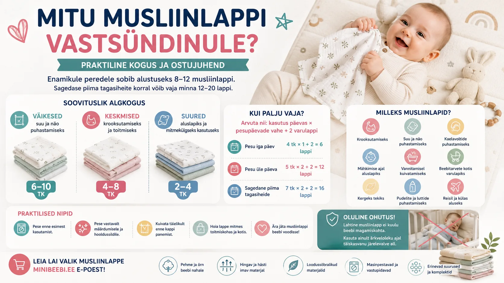 Erineva suurusega musliinlapid vastsündinule koos soovitusliku koguse ja kasutuskohtadega