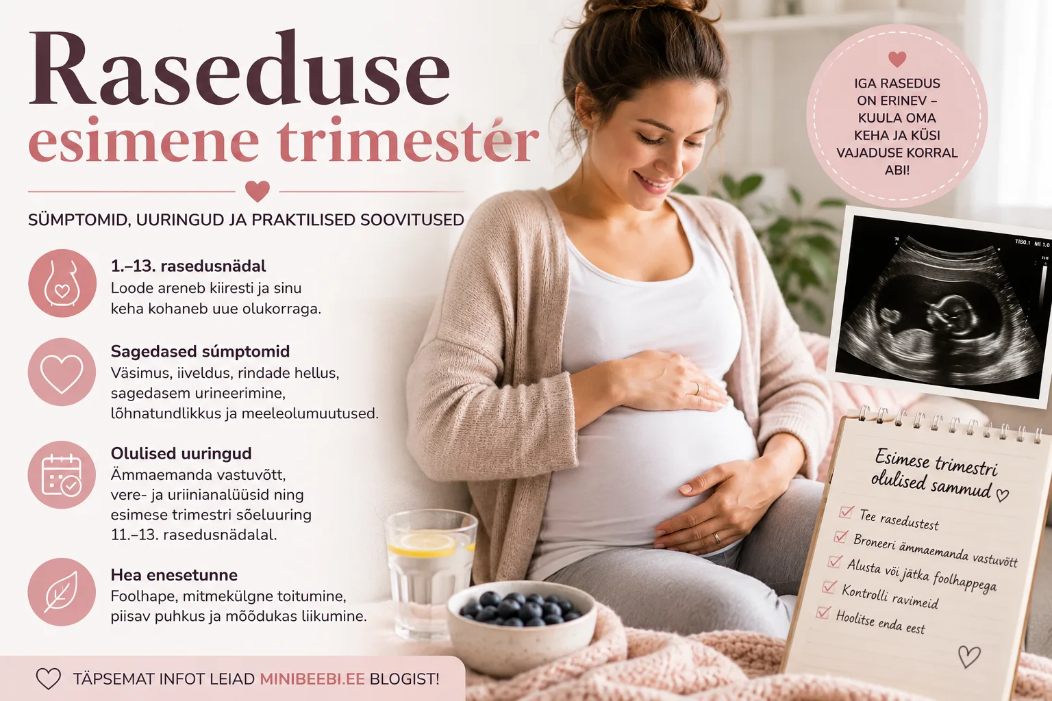 Rase naine koos esimese trimestri kalendri, ultrahelipildi ja praktiliste soovitustega