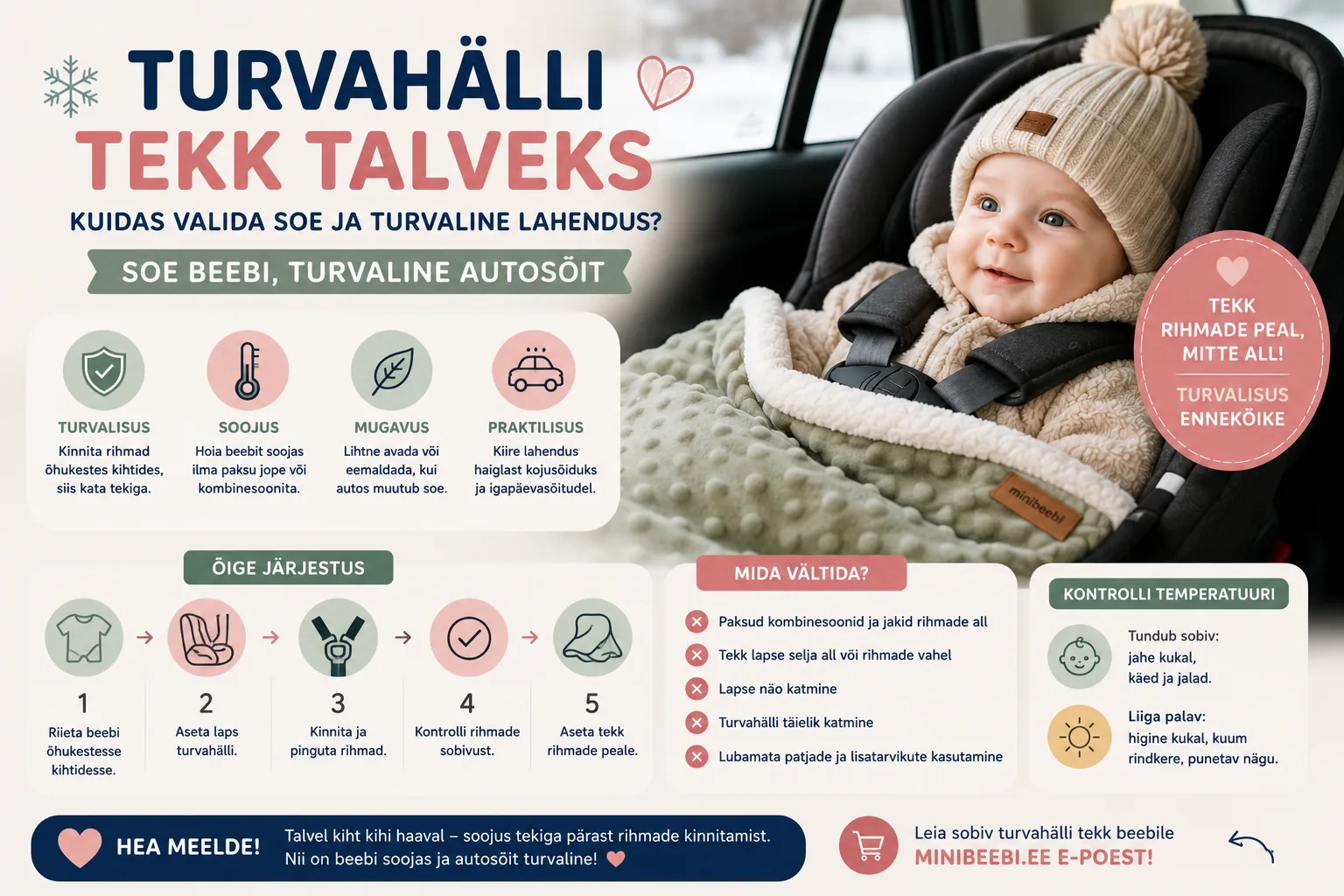 Õhukestesse talveriietesse pandud beebi on turvahälli kinnitatud ja kaetud sooja tekiga