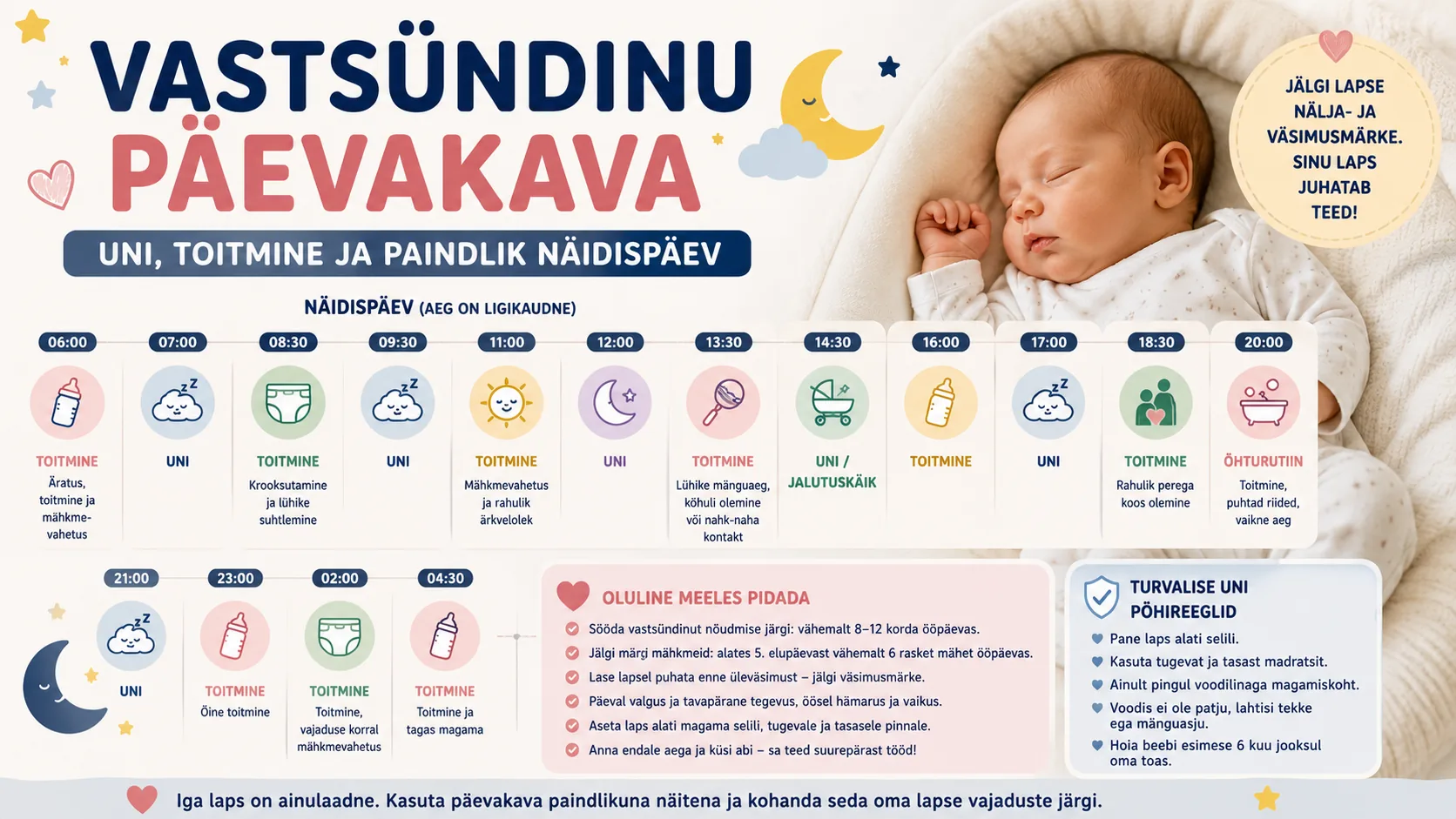 Vastsündinu paindlik päevakava koos toitmise, magamise, mähkmevahetuse ja ärkvelolekuga