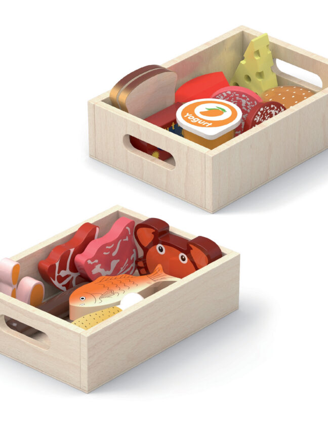 Viga Toys puidust toidukastide komplekt Breakfast, Fish, Meat, Dairy – toote üldvaade