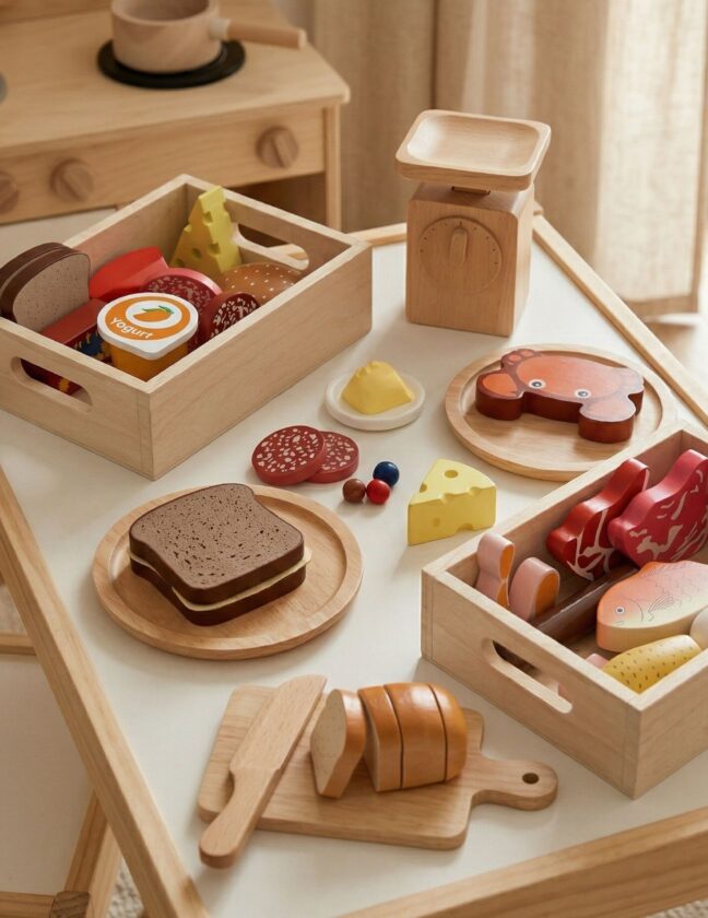 Viga Toys puidust toidukastide komplekt Breakfast, Fish, Meat, Dairy – toote detailvaade