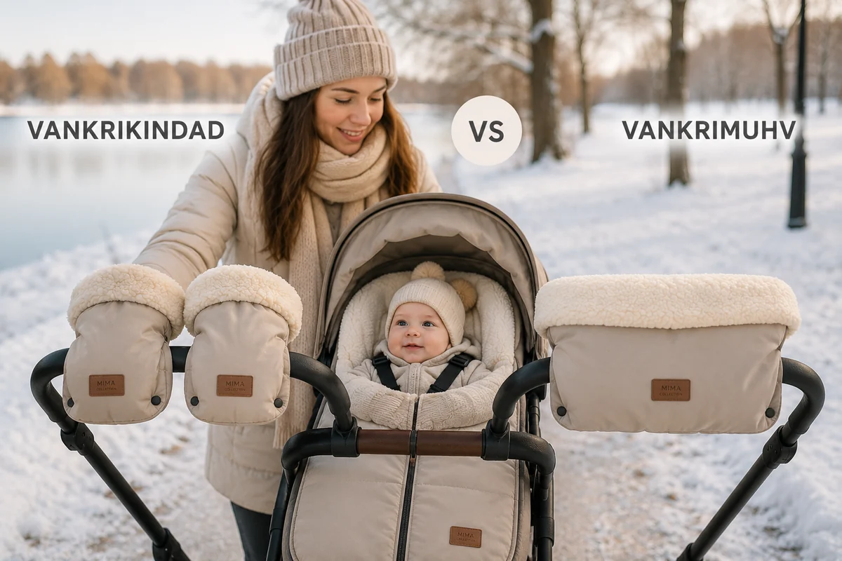 Vankrikindad ja vankrimuhv lapsevankri käepidemel talvises pargis