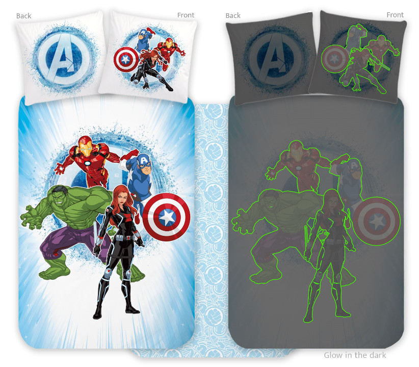 Avengers glow-in-the-dark children's kindergarten voodipesukomplekt 100x135cm, 40x60cm – tootepilt