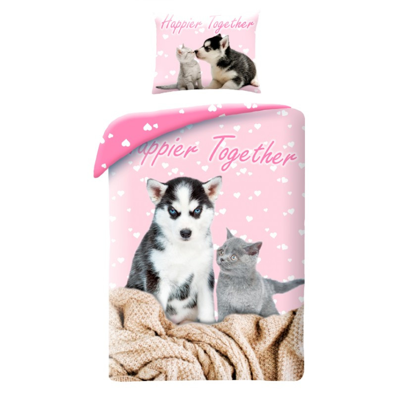 Cat Happier Together Dog print voodipesukomplekt 140×200 cm, 70×90 cm – tootepilt
