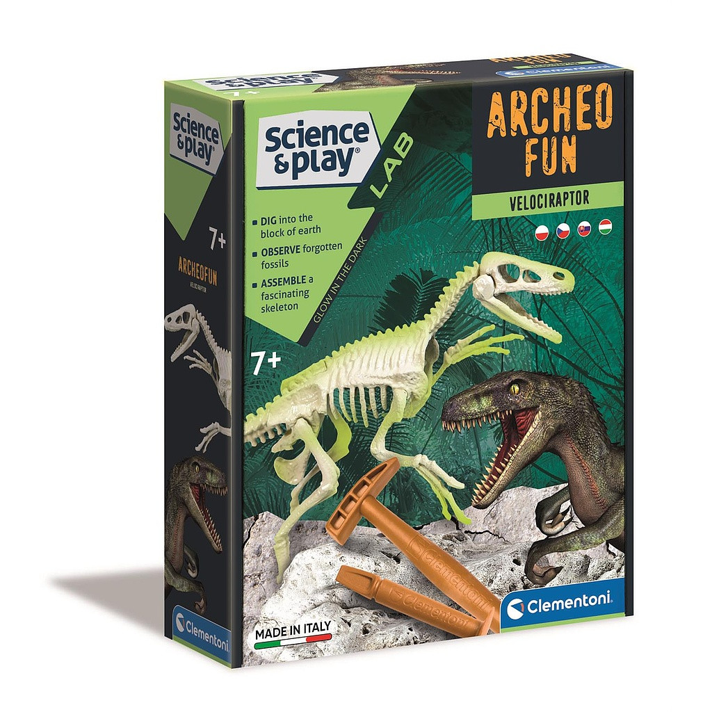 Dinosaur Archeo Fun Glowing Velociraptor arheoloogiakomplekt Clementoni – tootepilt