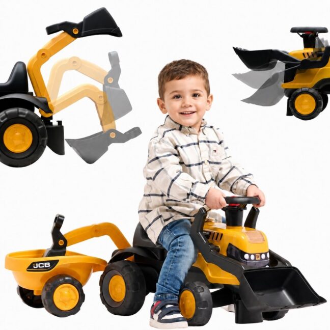 falk sõiduauto jcb traktor – FALK sõiduauto JCB traktor haagisega, reha ja kühvel, Silent rattad, 1-3+