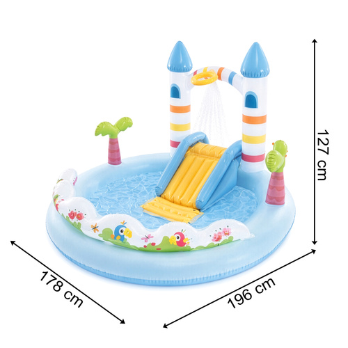 Intex Unicorn Castle 56148NP veemängukeskus ükssarviku, liumäe ja vihmutiga, 196 × 178 × 127 cm