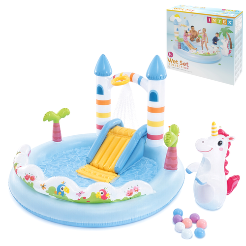 Intex Unicorn Castle 56148NP veemängukeskus ükssarviku, liumäe ja vihmutiga, 196 × 178 × 127 cm