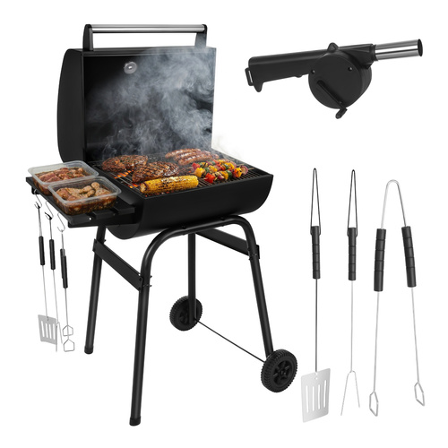 Kaminer kaanega söegrill suure resti, termomeetri ja tarvikutega