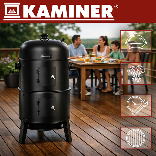 Kaminer söegrill ja suitsuahi 3 ühes, kaane ning termomeetriga