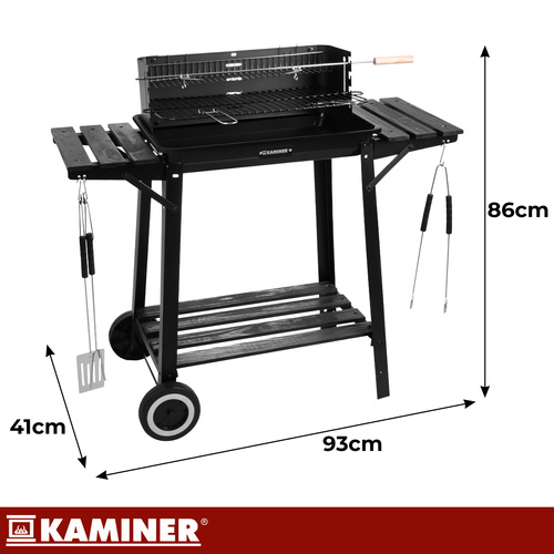 Kaminer söegrill küpsetusvarda, riiulite ja kaitsepaneelidega