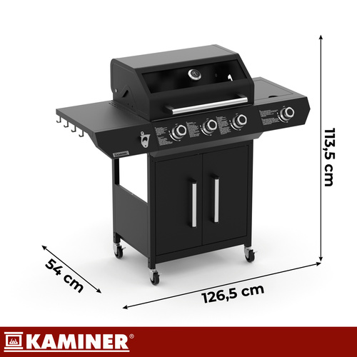 Kaminer Varen Black 4.0 gaasigrill, 3+1 põletit, 13,5 kW, malmrest, LED ja kaitsekate