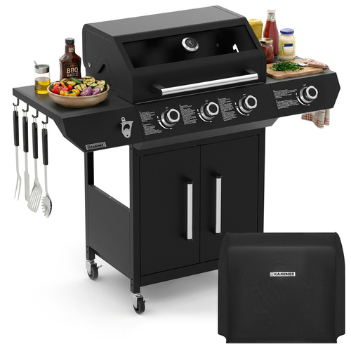 Kaminer Varen Black 4.0 gaasigrill, 3+1 põletit, 13,5 kW, malmrest, LED ja kaitsekate