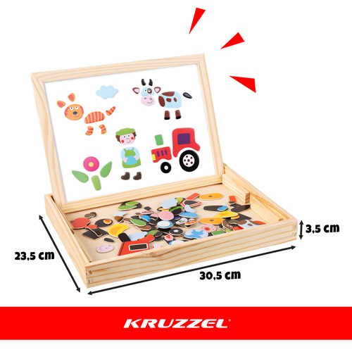 Kruzzel kahepoolne magnet- ja kriiditahvel puidust karbis, 108 osa