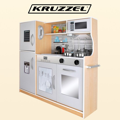 KRUZZEL puidust mänguköök LED-valgusti ja tarvikutega, beež-valge