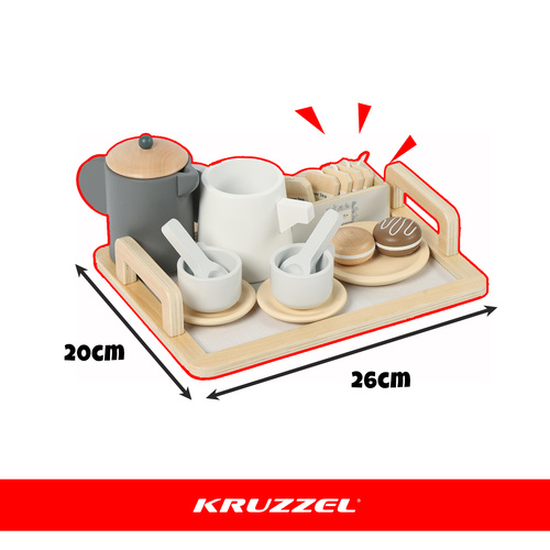 Kruzzel puidust mänguteenõude komplekt kandiku ja maiustustega
