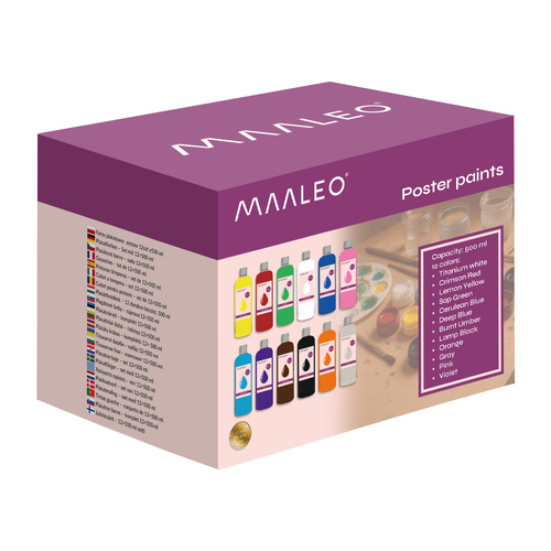 MAALEO 12 guaššvärvi komplekt, iga pudel 500 ml.