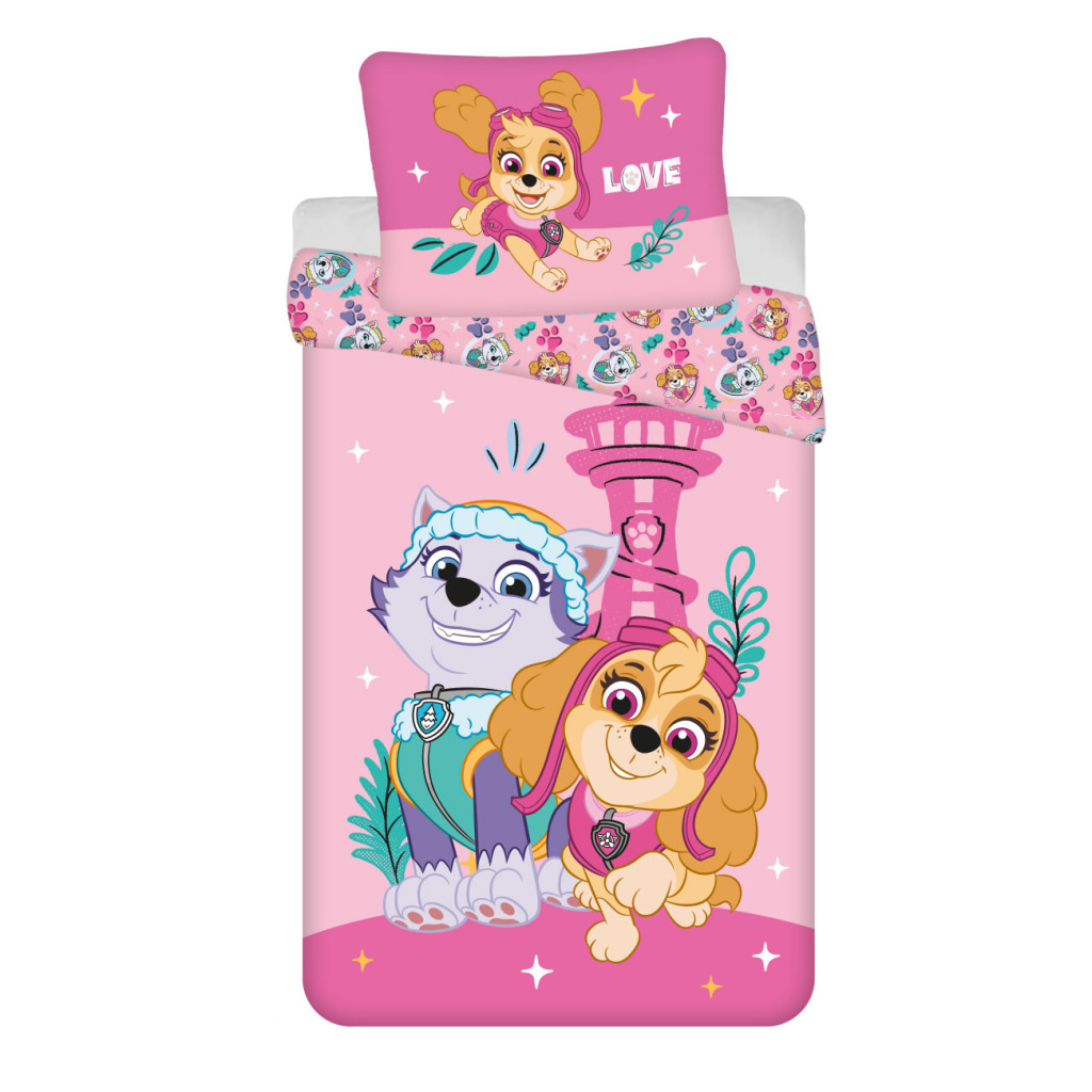 Paw Patrol Pink Love voodipesukomplekt 140x200cm, 70x90 cm mikrokiud – tootepilt