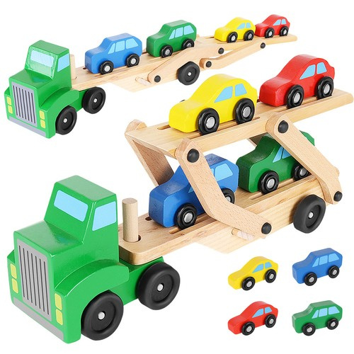 Puidust autoveok 4 mänguautoga