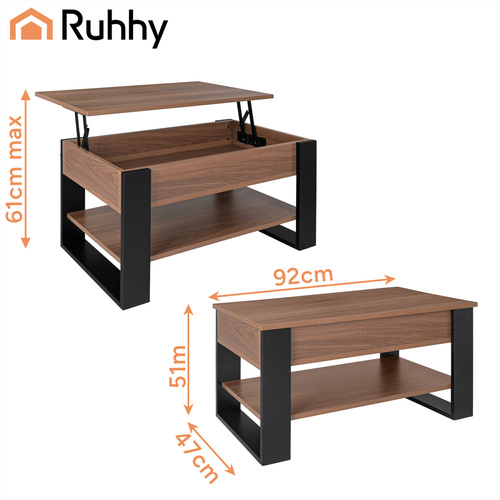 Ruhhy tõstetava plaadi, panipaiga ja riiuliga diivanilaud, 92 × 51 cm
