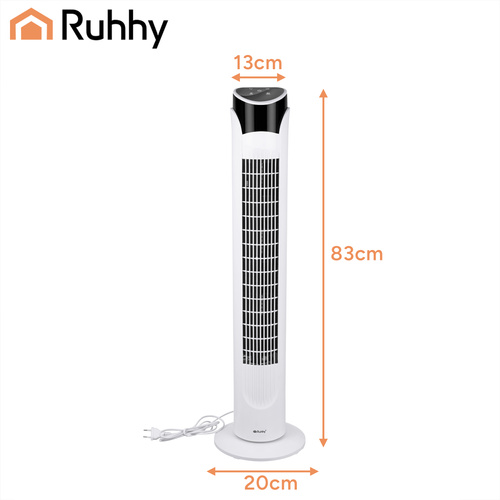 Ruhhy valge tornventilaator puldi ja LED-ekraaniga, 83 cm