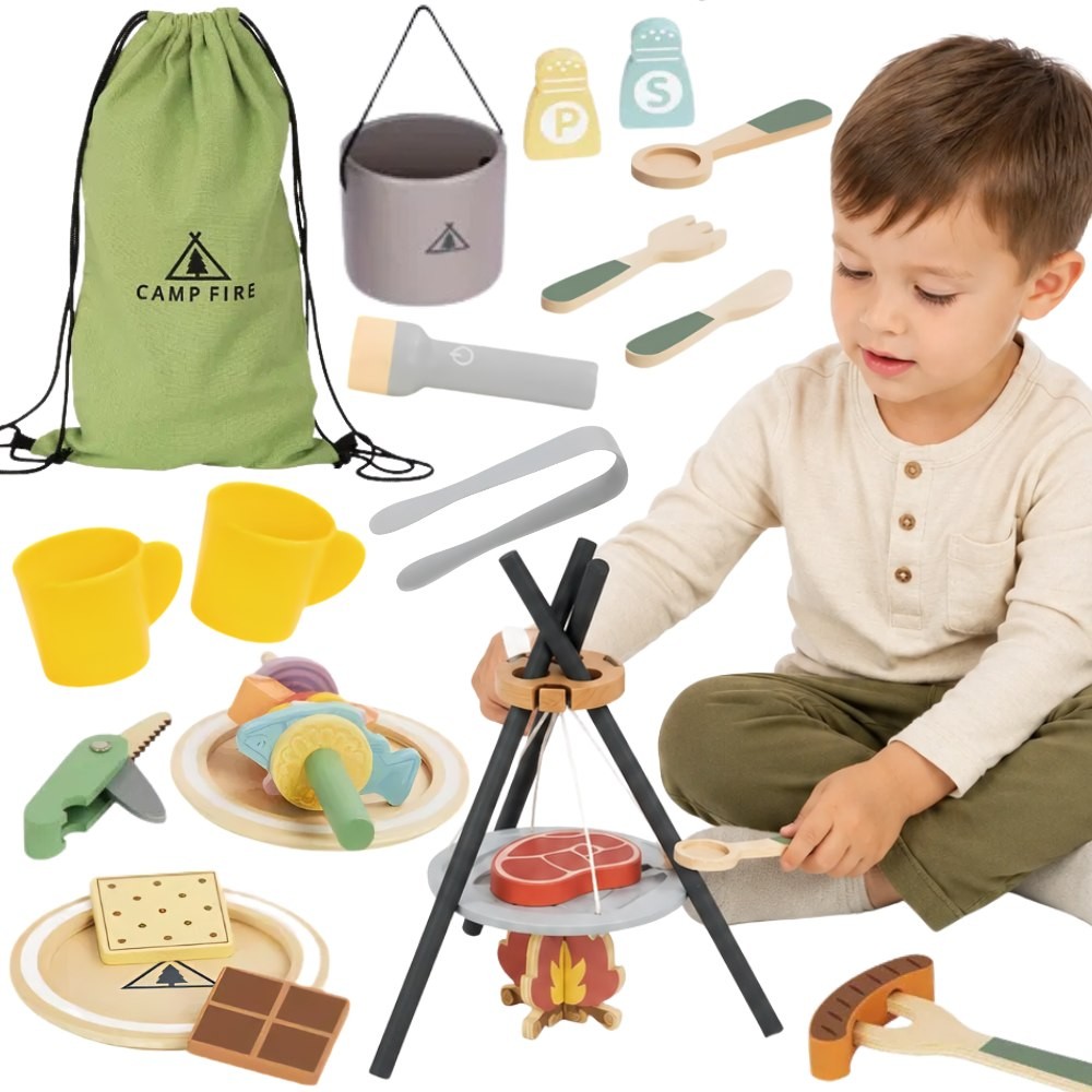 camping cooking campfire mäng – TOOKY mänguasi puidust Camping Cooking komplekt koos Campfire lastele – arendav mäng lapsele