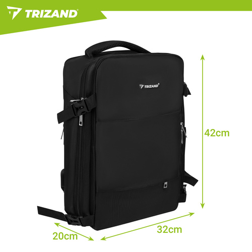 Trizandi must USB-ühendusega reisiseljakott, 40 × 20 × 25 cm