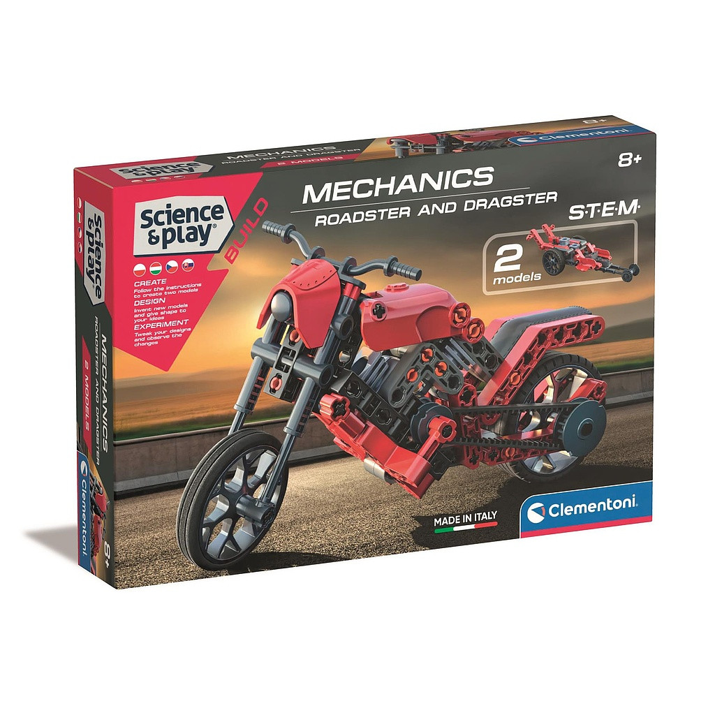 Vehicle Roadster and Dragster Motorcycle and Racing Car ehituskomplekt Clementoni – tootepilt
