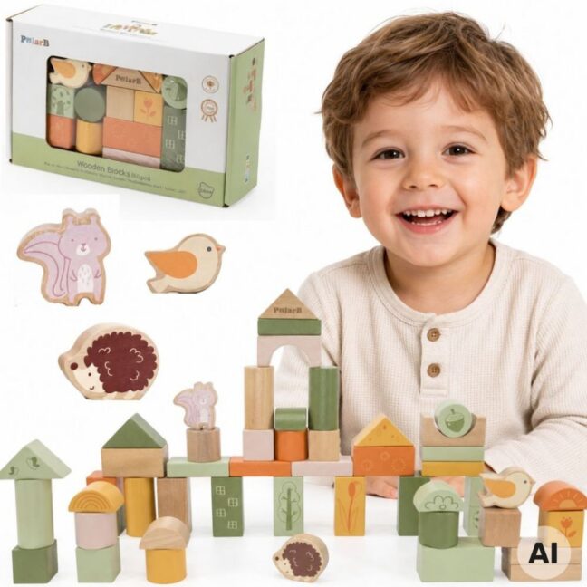 VIGA PolarB Montessori puidust loomaklotsid, 50 osa