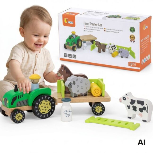 VIGA puidust traktor haagise ja taluloomadega